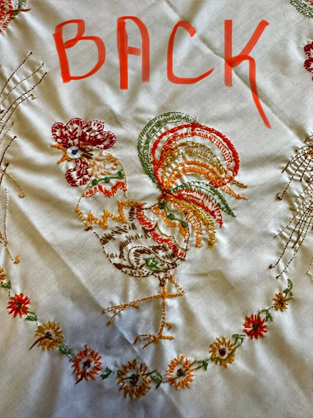 Handmade white Tablecloth embroidered w/colorful Roosters & wheat border. Clean!